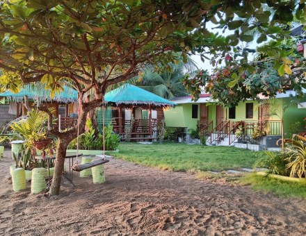 Green-roof cabanas at dawn